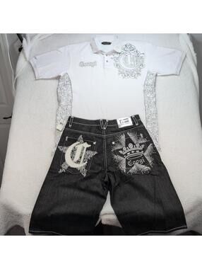 Coogi Jean Shorts Mens 38 Embroidered Back Logo Denim Bundle w/ 2XL Polo READ